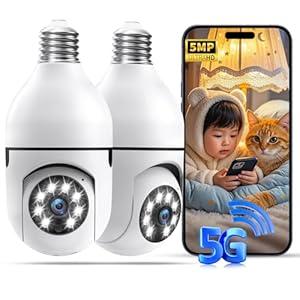 Seeborder Light Bulb Security Cameras,5MP & 360° PTZ Light Bulb Camera Outdoor, 5G&2.4G Light Bulbs Camera,AI Motion Detection,Color Night Vision,2Way Talk,Cloud/TF Storage,Compatible with Alexa