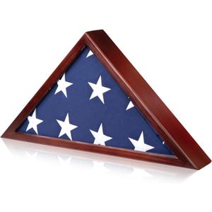 Flag Display Case for 5x9.5 ft American Veteran Burial Flag, Mahogany Wooden Frame Case Set, Triangle Solid Shadow Box with Wall Mount Acrylic Front