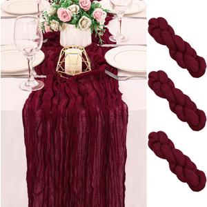4 Pack 120 Inch Burgundy Cheesecloth Table Runner Boho Rustic Gauze Sheer Romantic 10 FT Long Cheese Cloth Table Runner for Bridal Baby Shower Wedding Party Birthday Holiday Home Easter Decor