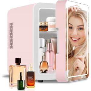 4-Liter Pink Portable Mini Fridge for Skincare Beauty Cosmetic Makeup With Mirrored Door and Dimmable LED Light