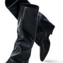 Knee High Boots Women, Fold Over Shark Boots Pointed Toe block heels Wide CalfMinimalist Street Style Faux Leather Boots for Fall & Winter (Size 8.5, Black)