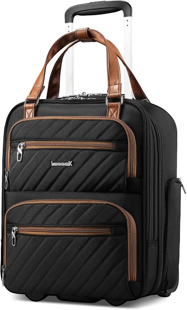 LUGGEX Underseat Carry On Luggage with Wheels, Stylish Lightweight Under Seat Luggage, Soft Sided Personal Item Suitcase for Short Trip (Chestnut Black, 16 Inch)