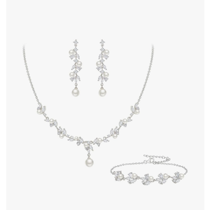 EleQueen Women's Simulated Pearl Wedding Jewelry Set, Cubic Zirconia Marquise Floral Bridal Necklace Earrings Bracelet Sets