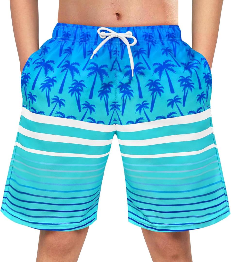 OlyPegic Boys Swim Trunks Bathing Suit Boys Swimsuit Swim Shorts Swimwear Quick Dry Swim Trunks Kids Beach Board Shorts (8-9 Years, Blue Coconut Tree)