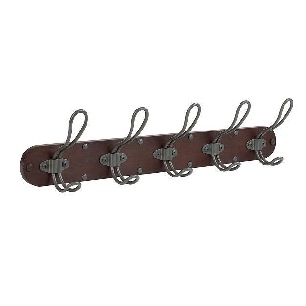 Spectrum Diversified Millbrook Wall Mount 5 Hook Wood Rack: Portable Universal Storage, Metal & Wood, Multicolored