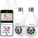2 x 2K Light Bulb Security Camera,5G&2.4GHz WiFi 360 Motion Tracking, Color Night Vision, Alexa Compatible, Wireless WiFi Security Camera with Two-Way Audio, SD/Cloud Storage and Smart Alerts