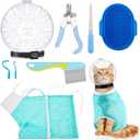 8 Pcs Cat Muzzle Set with Adjustable Cat Bathing Bag Breathable Clear Muzzle Pet Grooming Brush Tick Remover Tool Nail Clipper Nail File for Dog, Bunny Cleaning Trimming(L Size,Blue)