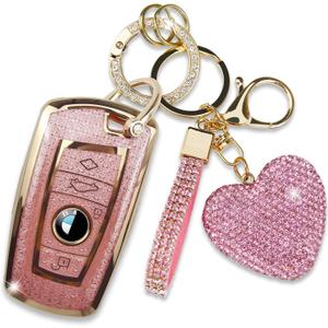 Key Fob Cover with Diamond Keychain, Car Key Shell for Women, Compatible with BMW X1 X3 X4 X5 X6 1 2 4 5 6 7 M3 M5 M6 GT3 GT5 G30 F10 F15 F16 F20 Protector (3 Buttons-Pink Heart)
