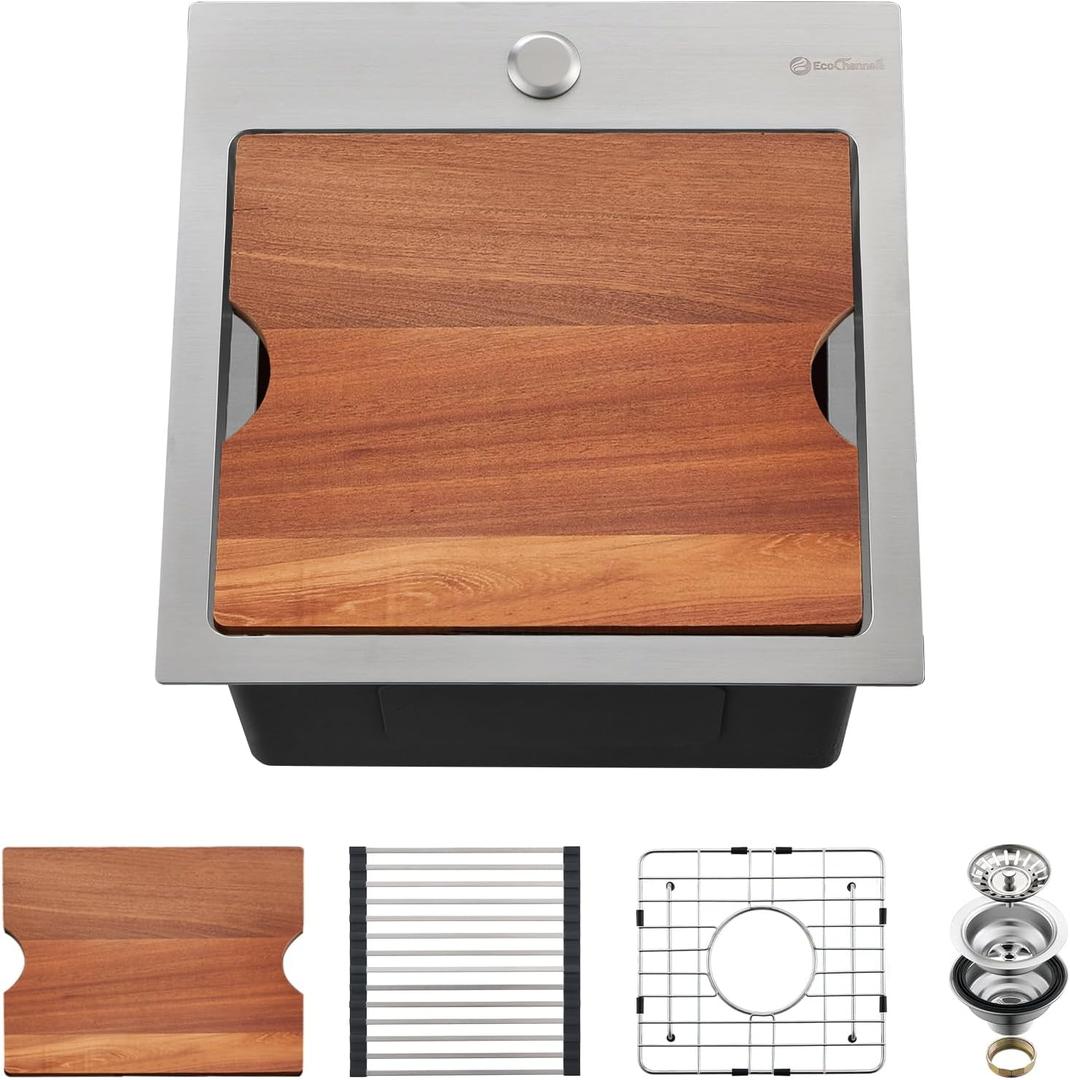 Kitchen Sink, 15 x 15 x 10 inch Small Bar Prep Sink 16 Gauge Stainless Steel Drop Single Bowl Workstation with Cutting Board (15" x 15" x 10", Stainless Steel)