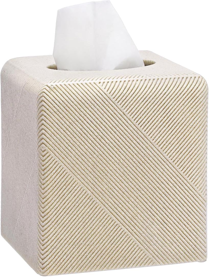 Twill Texture Tissue Box Cover Square, Resin Facial Tissue Holder Covers Square Cube Tissue Box Holder with Open Bottom for Bathroom Vanity Tops, Bedroom Dressers, Kitchen Countertop, Travertine Beige