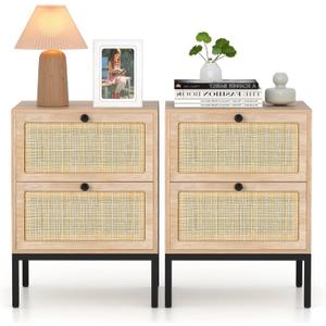 XIAO WEI Natural Rattan Nightstand Set of 2, Boho Night Stand with Drawers, Bedside Table Accent Cane End Table Side Table for Bedroom Living Room, Metal Legs/Small/Natural