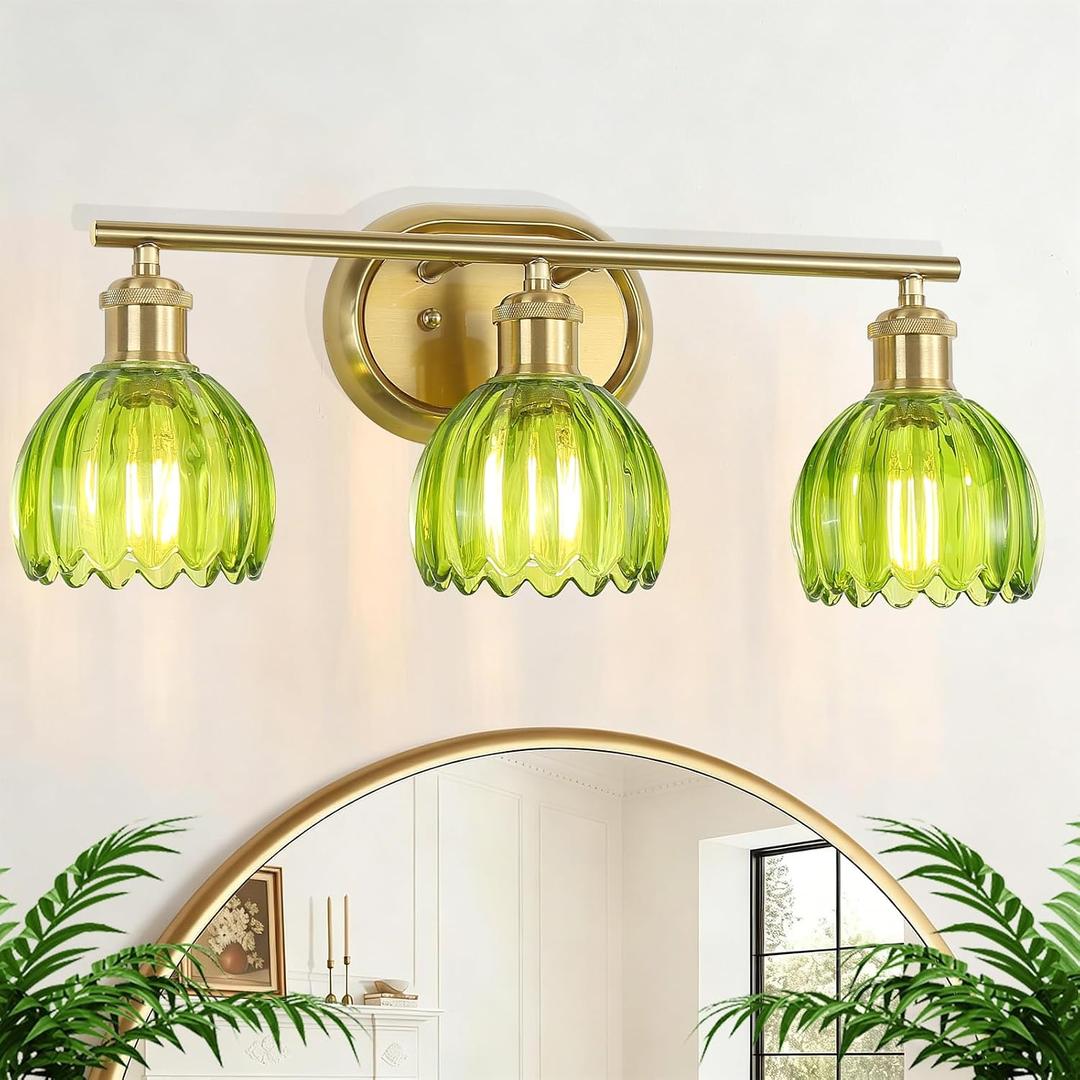 Gold Bathroom Light Fixtures, 3-Light Vanity Lights for Bathroom with Ribbed Green Tulip Glass Shade, Brass Wall Scone Lighting Over Mirror for Farmhouse,Bedroom,Living Room,Hallway