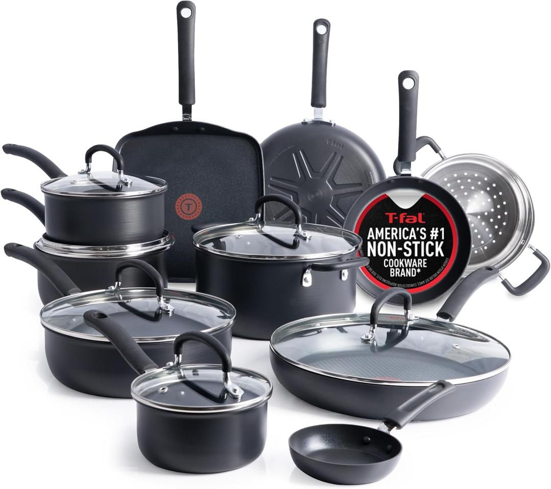 T-Fal Ultimate Hard Anodized Nonstick Pots and Pans Set 17 Piece, Nonstick Cookware Set with Fry Pan, Saucepans, Saute-Pan, Griddle, Dishwasher Safe, Onyx