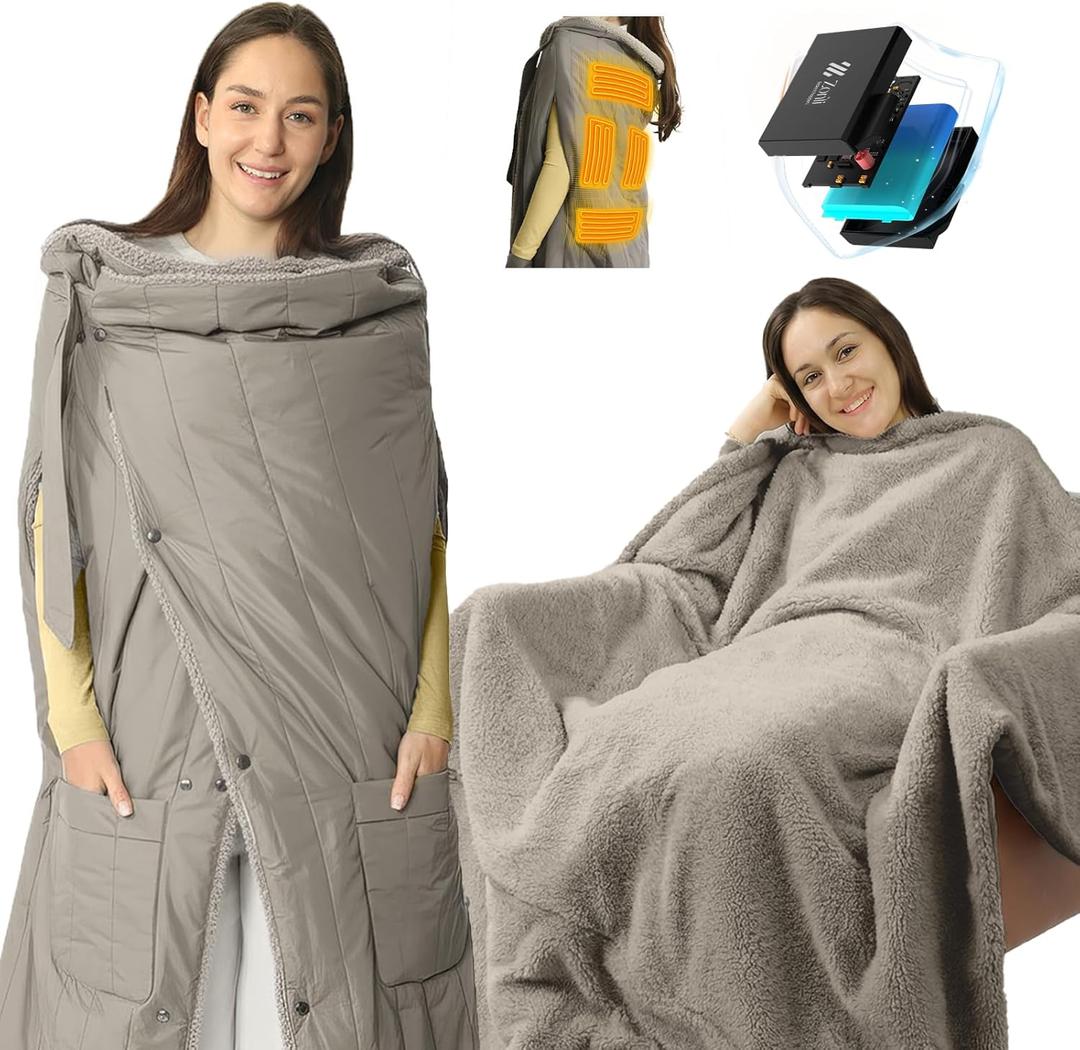 ZonLi Electric Wearable Heated Blanket, 2-in-1 Design Portable Cordless Heated Blankets Battery Operated Heated Shawl Blanket, Rechargeable Power Bank for Home, Office, Travel, Gift for Christmas (Grey)