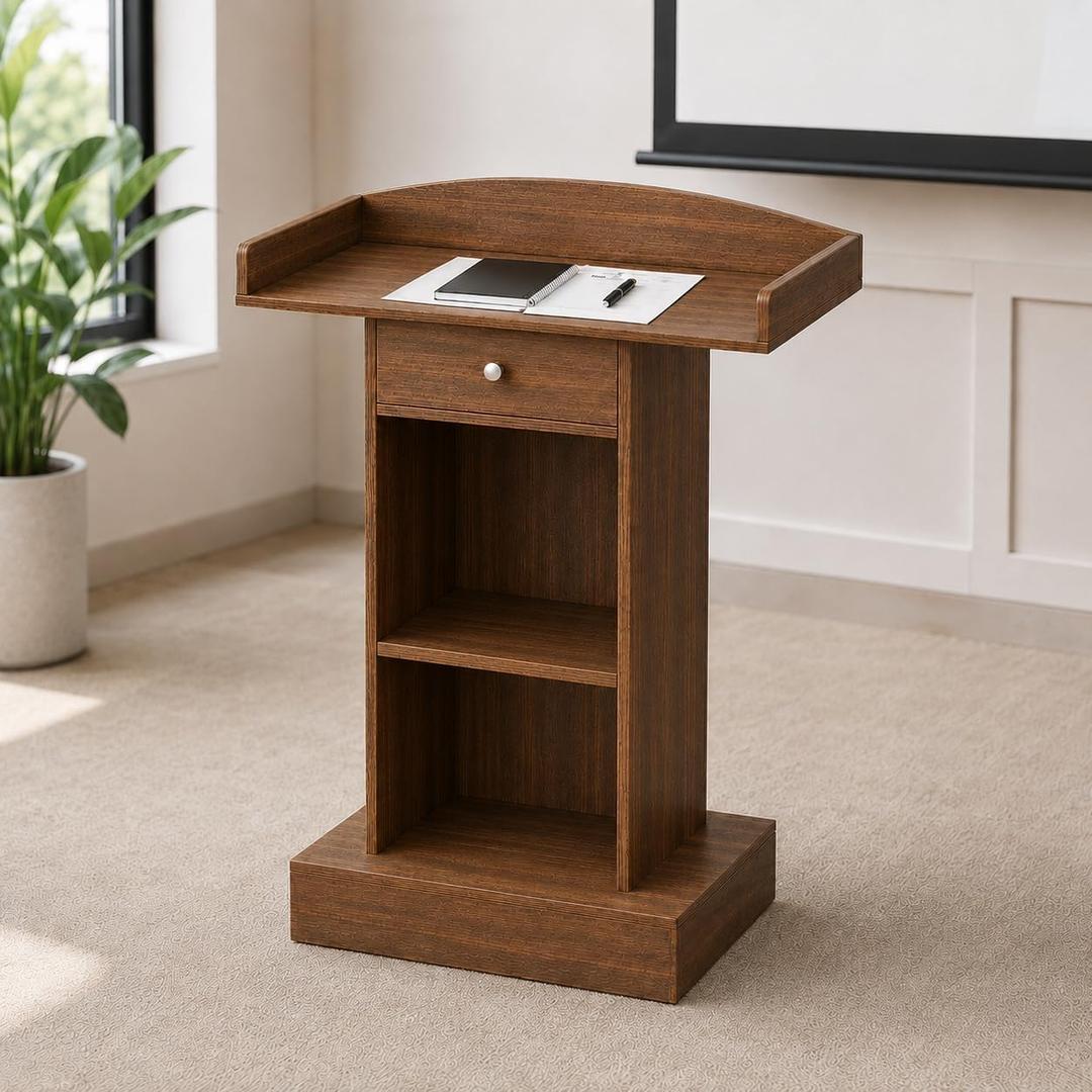 Teacher Podium Stand Lectern Wooden Drawer Lectern Podium 42in Height Wooden Storage Drawer Brown for Classroom Office Reception School Seminar Floor Standing(Brown)