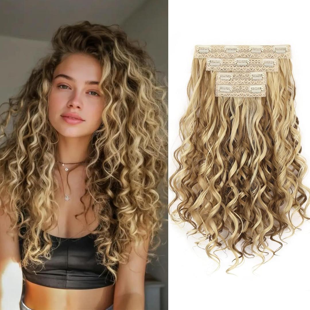 LEEONS Curly Clip in Hair Extensions, 4PCS 16 inch Curly/Wavy Hair Extensions Clip ins - Lace Weft Soft Natural Hairpieces for Women (Brown with Blonde Highlights)