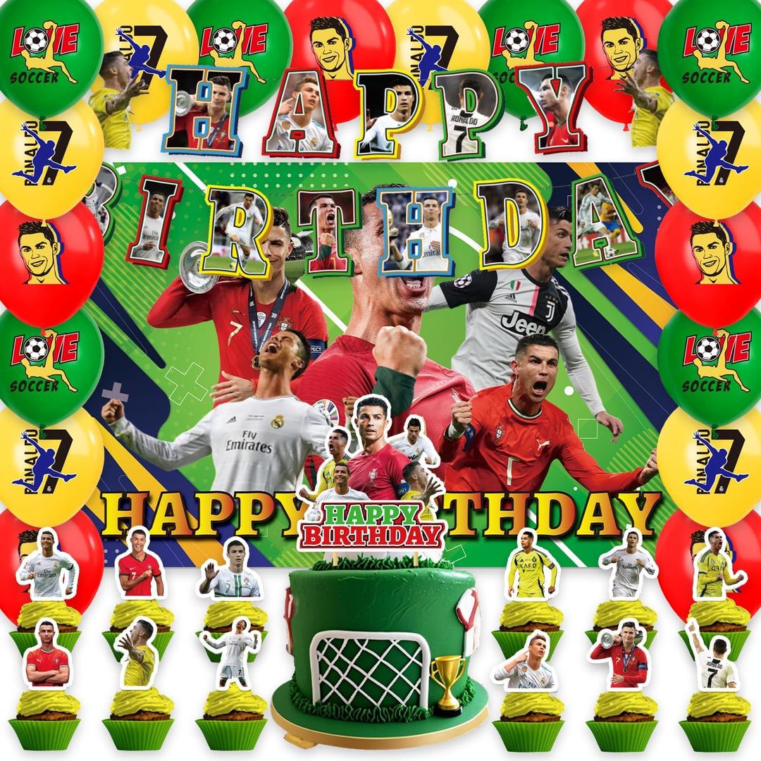 42Packs Soccer Ronaldo Birthday Party Supplies Pack IncludesBannerCake TopperBlackdrop,Balloons for Soccer Ronaldo Party Supplies