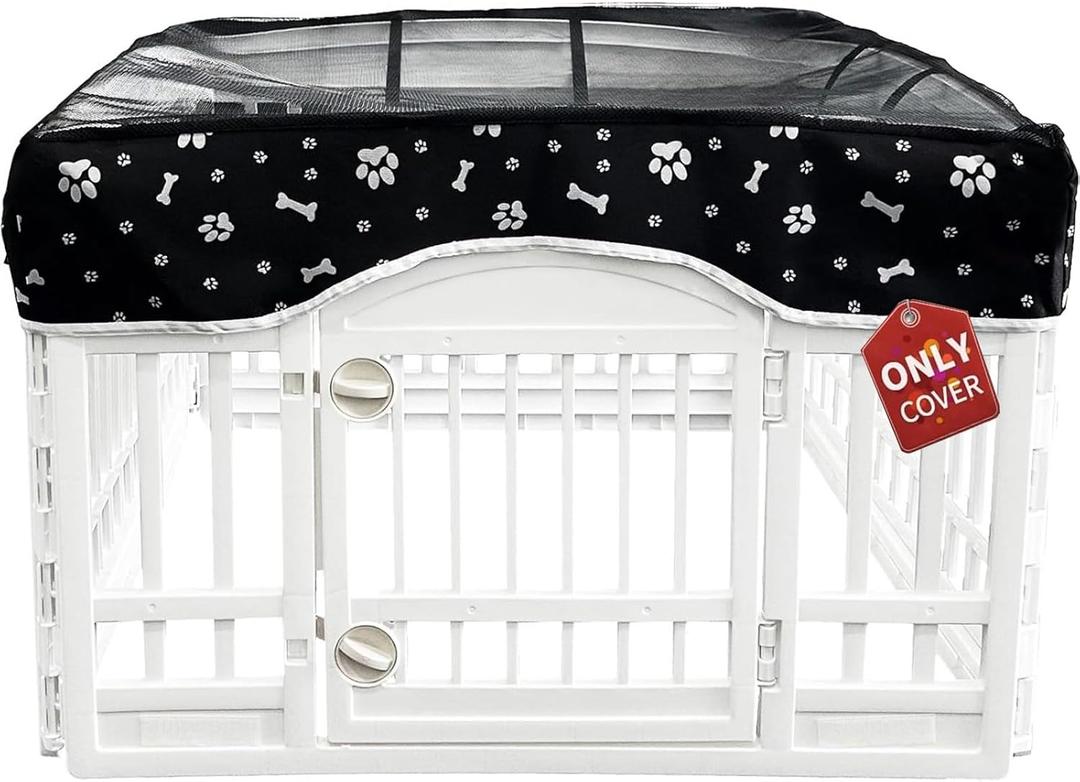 PJYuCien Dog Playpen Mesh Top Cover, Fits 36 Inch 4 Panels Regular Square Plastic Exercise Pet Pen, Adhesive Tape Connections, Black paw (Note: Cover Only, Fence Not Included)