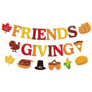 Friends Giving Banner Thanksgiving garland Fall Maple Leaves Pumpkin Pie Turkey Autumn Harvest Theme Thanksgiving Day Party Supplies Glitter Friendsgiving Decoration