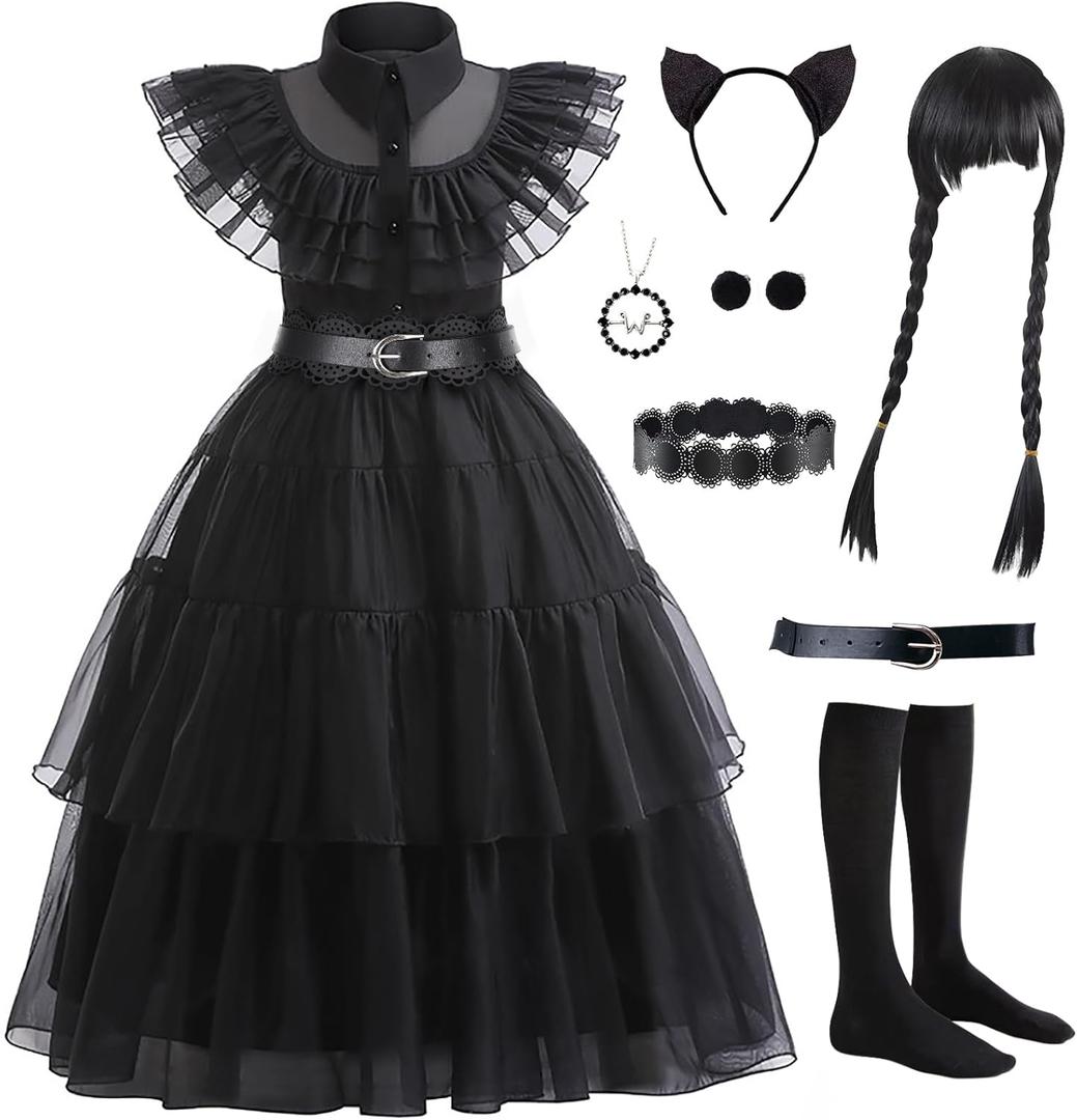 Black Dress for Kids Girls, Addams Family Cosplay Outfit Gothic Costumes for Halloween, Family Party, Birthday (4-5 Years, Black With Wig)