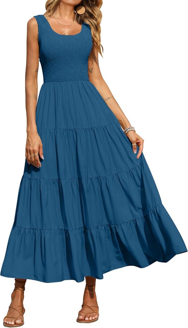 PRETTYGARDEN Women's 2026 Casual Loose Plain Maxi Sundress Smocked Tank Dress Sleeveless Spring Beach Tiered Long Dresses