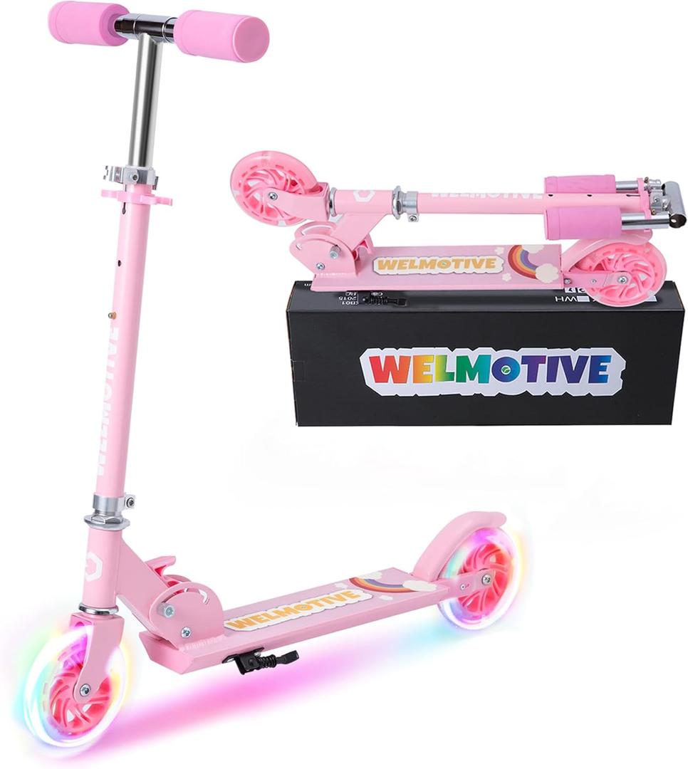 Kick Scooter for 3+Years Old Boys & Girls Lightweight, Foldable, Aluminum Frame, and Adjustable Handlebars, Rear Brake, and Flashing Light up Wheels (Pink)