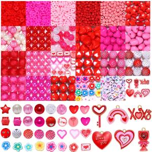 1645PCS+ Valentines Day Beads for Jewelry Making Pink Red Rose Red Heishi Pearl Heart Letter Round Loose Beads with Love Heart Key Rainbow XOXO Pendants for DIY Necklace Bracelets Making Kit