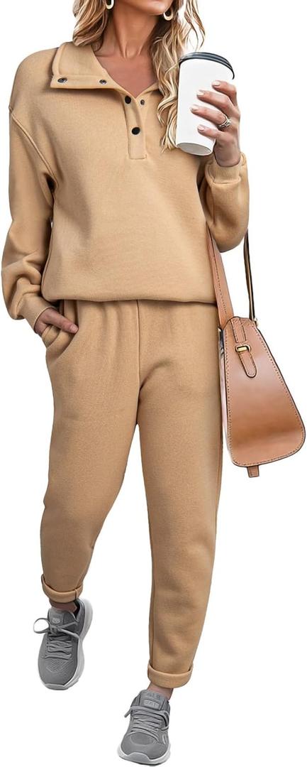 Herseas Lounge Sets for Women Button Fall 2 Piece Outfits Sweatsuits Long Sleeve Fleeced Travel Suits Fashion Clothing (Beige, XXL)
