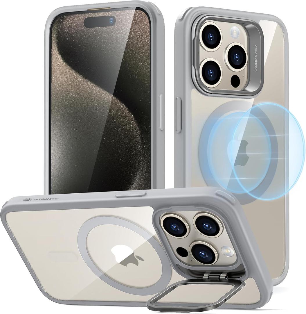 ESR for iPhone 15 Pro Case, Compatible with MagSafe, Military-Grade Protective Case, Built-in Stash Stand Phone Case, Scratch-Resistant Back Cover, Classic Series, Clear Grey
