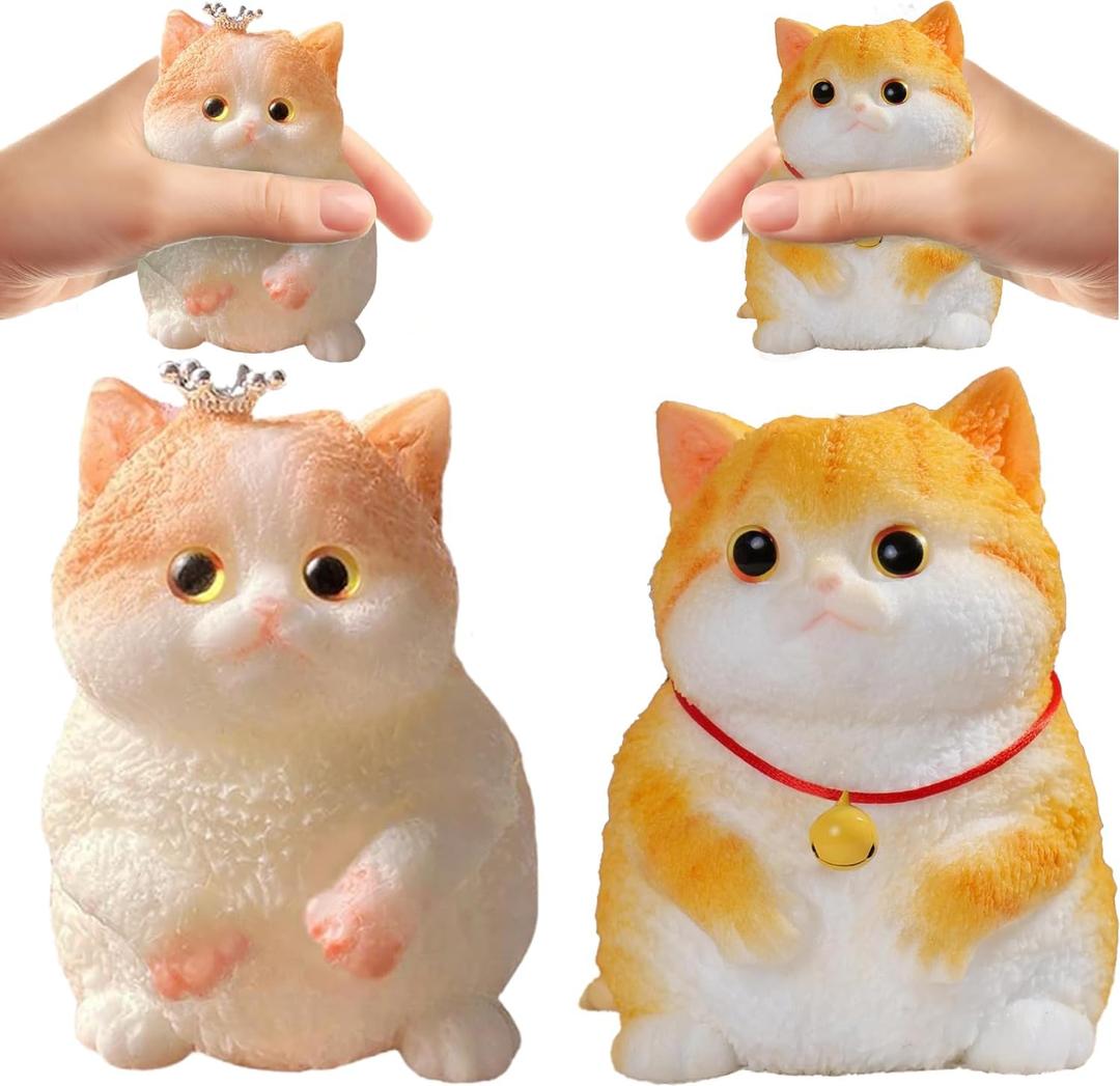 2 x Cat Squishy Squeeze Toys - Kawaii Squishy Fidget Toy, Handmade Cat Fufu Sensory Toys Kit, Cat Lovers Squeeze Toys for Party Favors, Gifts for Adults KidsCrown & Orange cat (Ret)