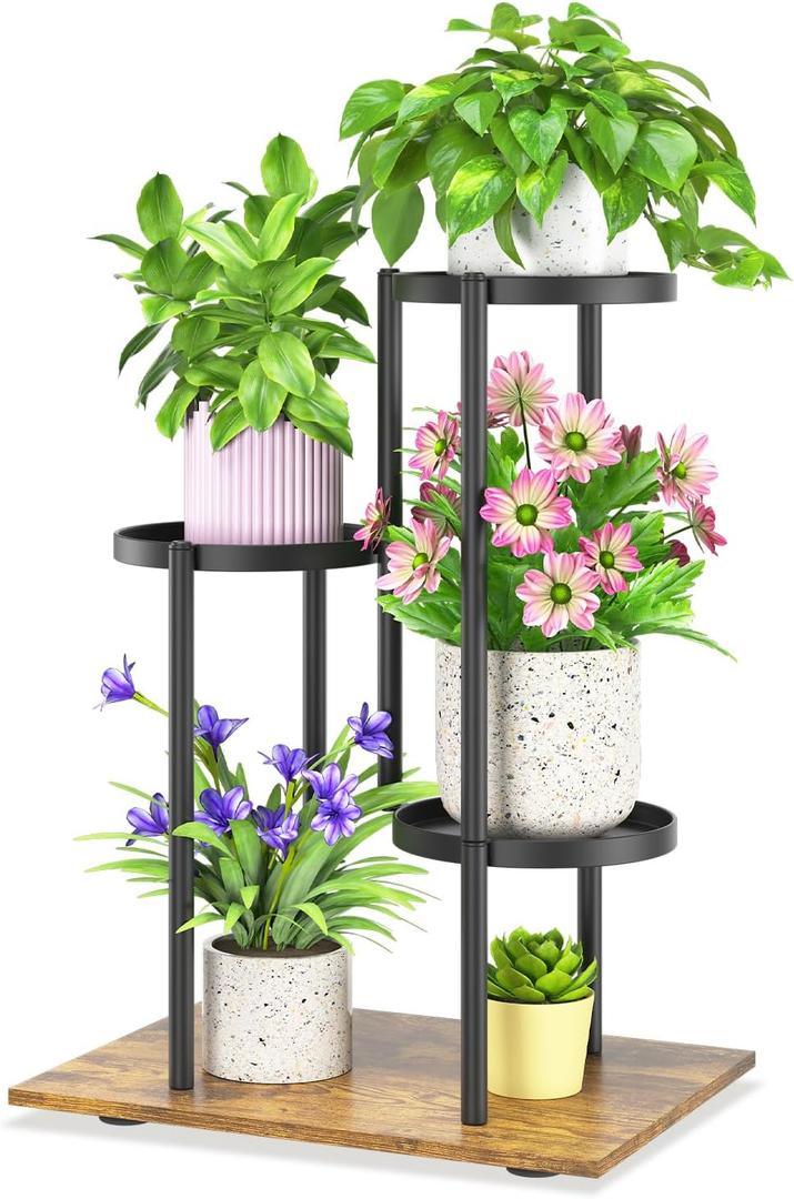 iDavosic.ly 3 Tier Plant Stand Indoor Outdoor, Tiered Corner Multiple Flower Pot Holder Shelf, Metal 23 Inch Tall Display Rack for Patio Porch Living Room Garden Balcony, Modern Black & Rustic Brown
