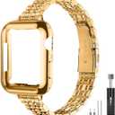 Slim Watch Band Compatible with Apple Watch, Metal Stainless Steel Watchband Suitable for iWatch, Women Luxury Strap, Size: 38mm 40mm 41mm Series 1-9/SE (Gold)