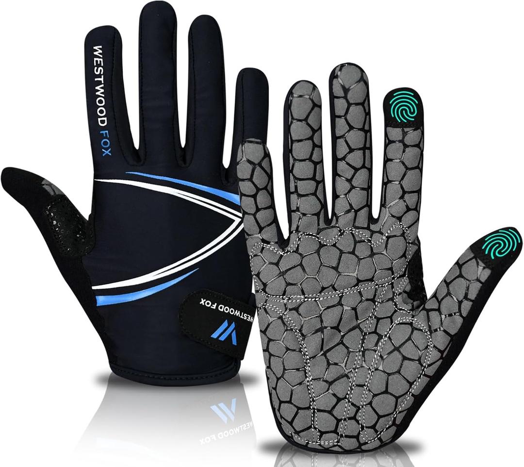 WESTWOOD FOX Full Finger Cycling Gloves, Padded, Anti-Slip Touchscreen, Shock Absorbing Mountain Bike Gloves for Road Bicycle, MTB, Road Racing, Biking and Sports Gloves for Men Women (Small, BLUE)