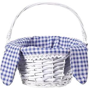 Hushee Easter Willow Gift Basket 11"7" Easter Wicker Bunny Baskets with Folding Handle Plaid Liners for Kids Toys Eggs Hunt Wood Bunny Bucket Decorations(Pink and White Plaid)
