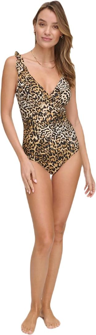DKNY Women's Ruffle V-Neck One Piece Swimsuit with Tummy Control (Large, Jaguar)