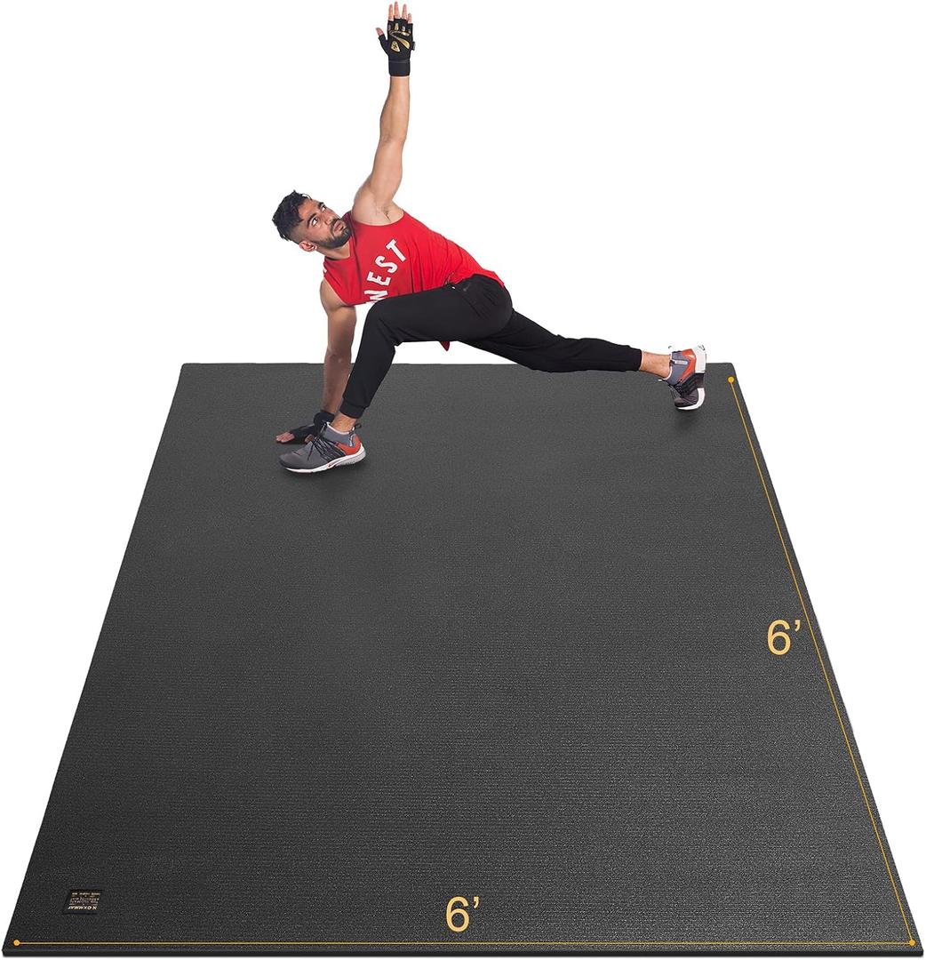 GXMMAT Large Exercise Mat 6'x4'/6'x5'/6'x6'(7mm), Thick Workout Mats for Home Gym Flooring, Extra Wide Non-Slip Durable Cardio Mat, Shoe Friendly, Perfect for Plyo, MMA, Jump Rope, Weights, Fitness (6*6 FT, Black Real)
