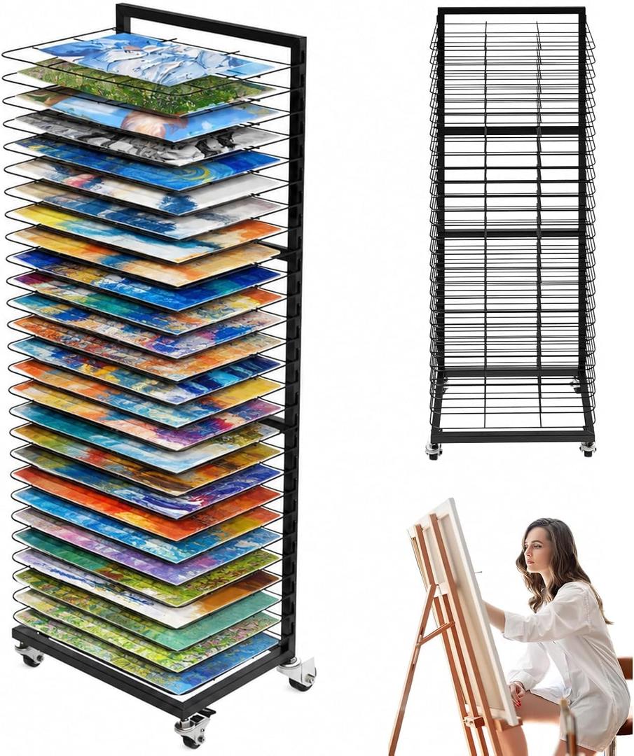 Art Drying Rack with 27 Removable Shelves,Art Drying Rack for Classroom with Locking Wheels,Art Canvas Storage Rack for Classrooms & Art Studios, Black