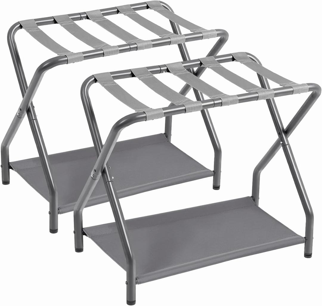 AMHANCIBLE Luggage Rack, Set of 2, Foldable Suitcase Stands for Guest Room, Metal Luggage Holder with Storage Shelf for Bedroom, Hotel, Easy Assemble, HLR02GY (Grey)