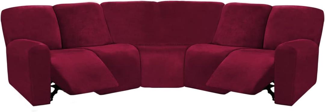 ULTICOR 7-Piece L Shape Sectional Recliner Sofa Covers, Velvet Stretch Reclining Couch Covers for Reclining L Shape Sofa, Thick, Soft, Washable (Burgundy - Wine, L Shape 5 Seat Recliner Cover)