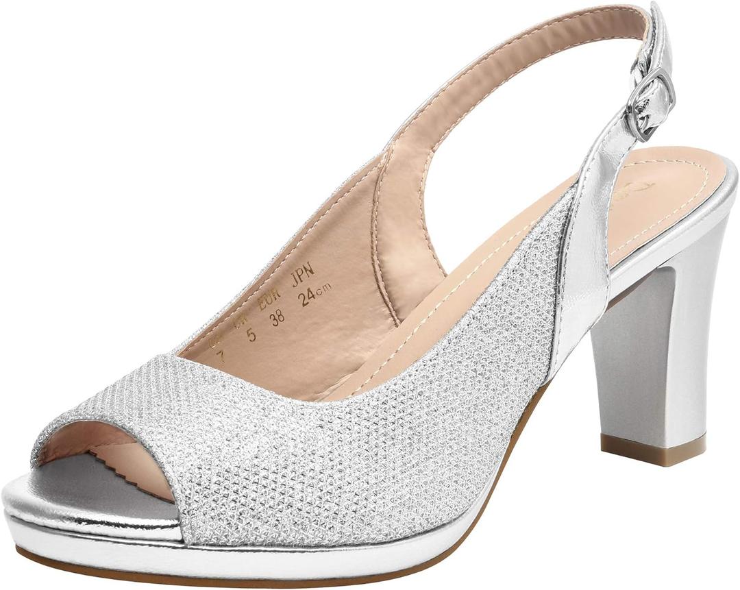 DREAM PAIRS Womens Sexy High Chunky Heels Peep Toe Platform Block Slingback Dress Pumps Shoes (7, Silver)