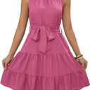 Milumia Women's Frill Mock Neck Sleeveless Dress Belted Tiered Ruffle Hem Summer Short Dresses (Pink, M)