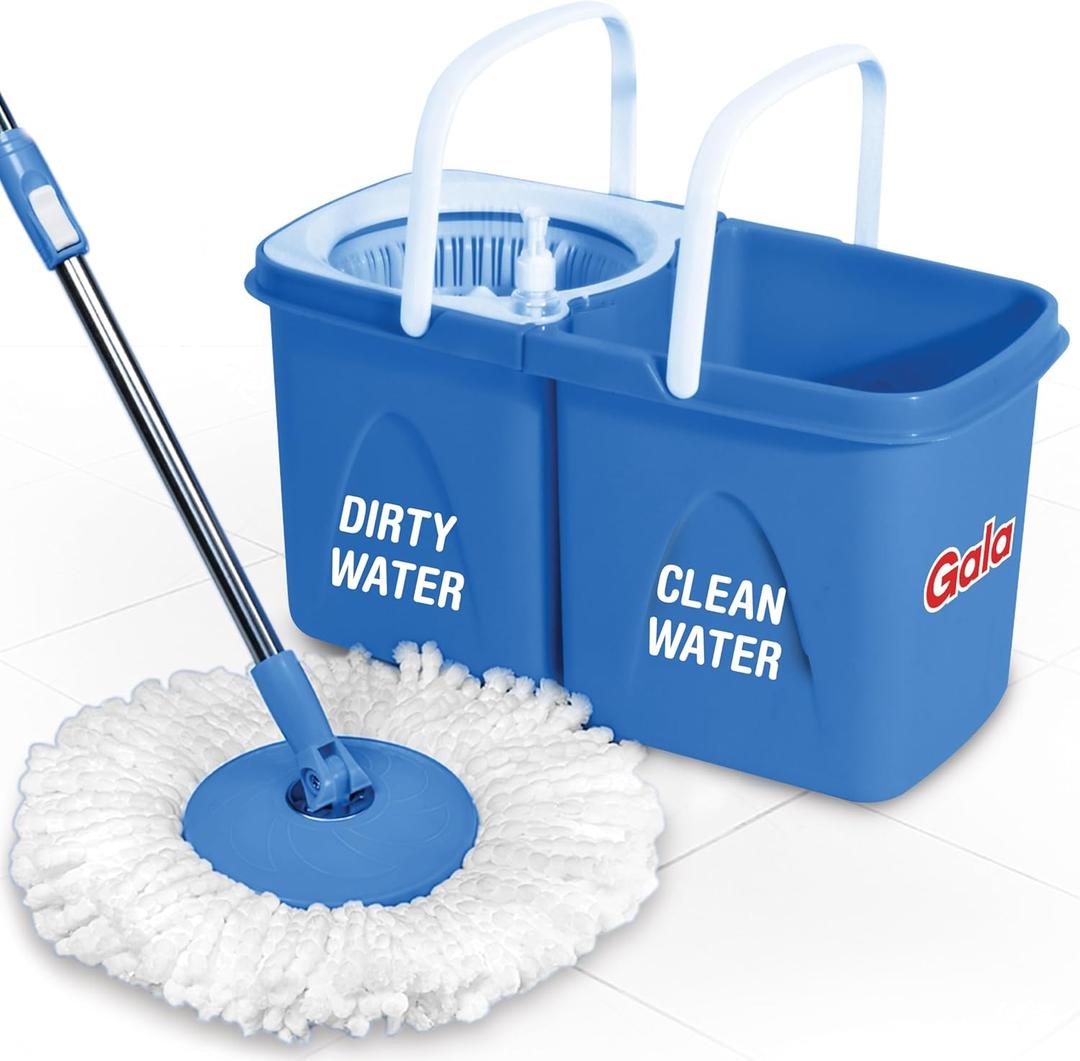 180-degree Spinning Floor Cleaning Mop Set with Twin Bucket, Wringer & 2 Microfiber Refills for Home, Twist Mop with separate Dirty and Clean water (White and Blue)