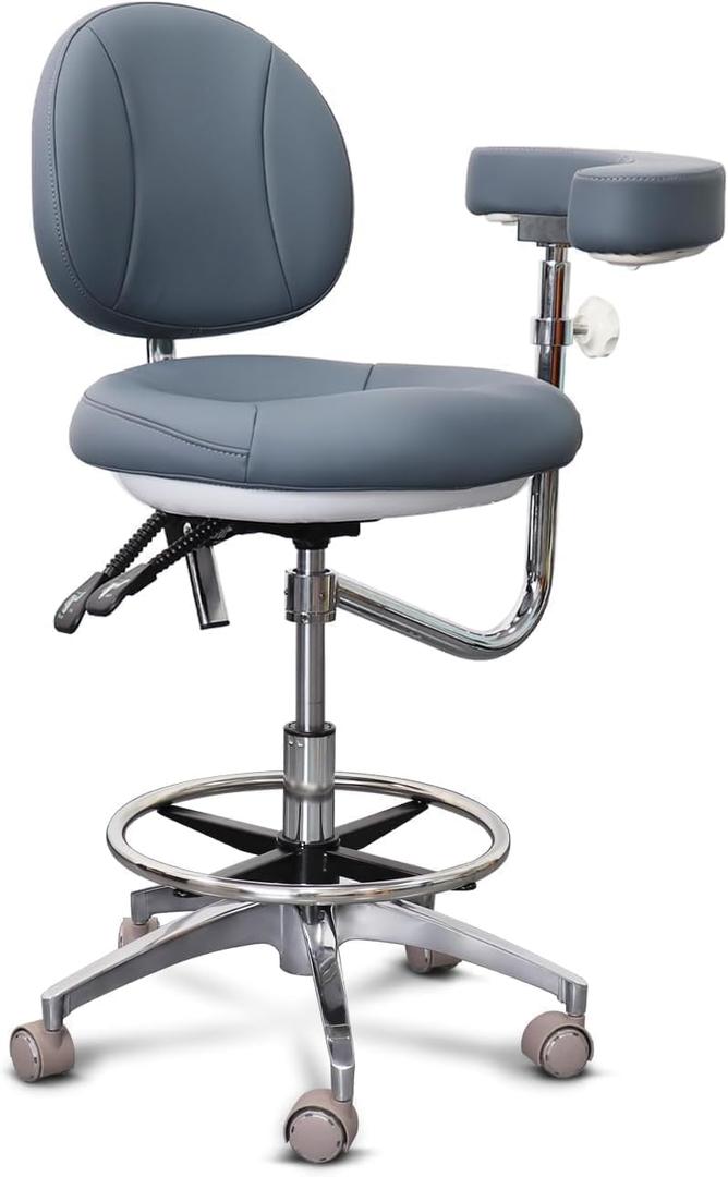 Medical Dental Assistant Chair with Rotatable Armrest Rolling Medical Chair Ergonomic Swivel Seating Back Support Dentist Stool for Clinics, Dental Offices, Labs-Gray (Blue)