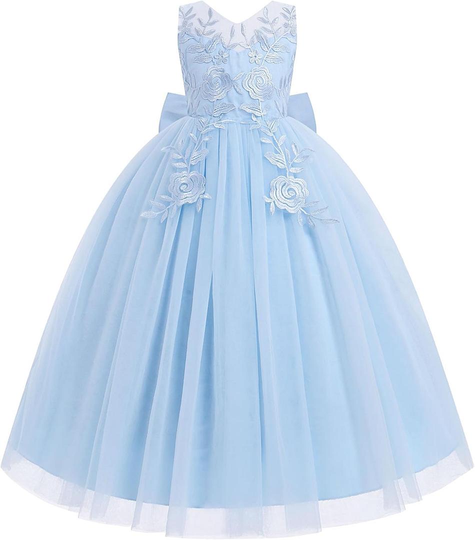 IDOPIP Flower Girl Lace Dress for Kids Wedding Bridesmaid Pageant Party Formal Long Gown Princess Communion Tulle Bow Dresses (13-14 Years, Blue)