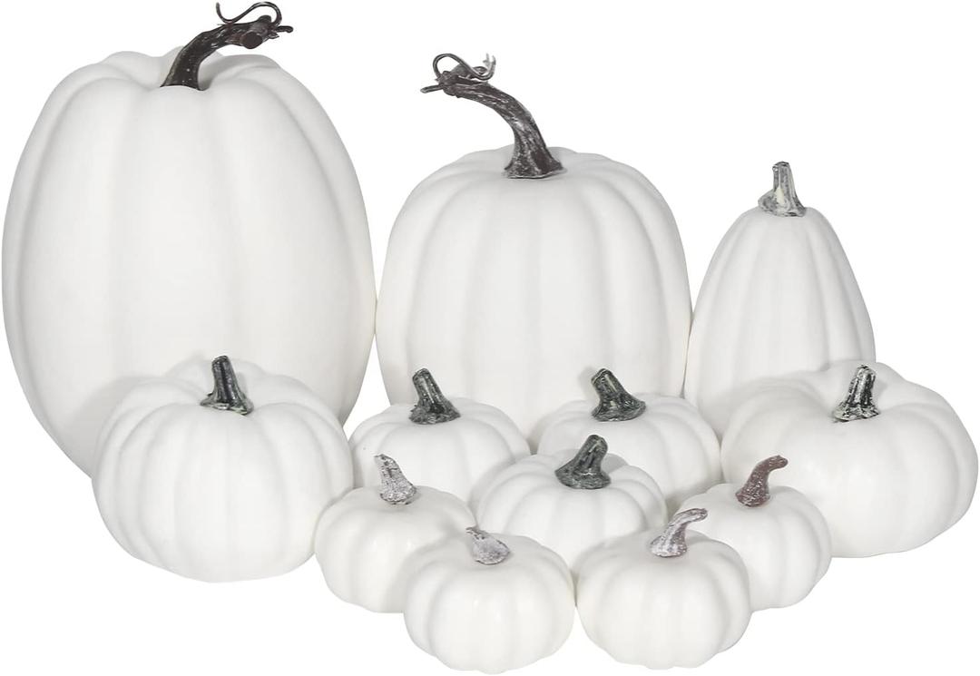CCINEE 12PCS White Artificial Pumpkins, Assorted Size Foam Pumpkins for Halloween, Thanksgiving, Fall Table Centerpiece Party Decoration