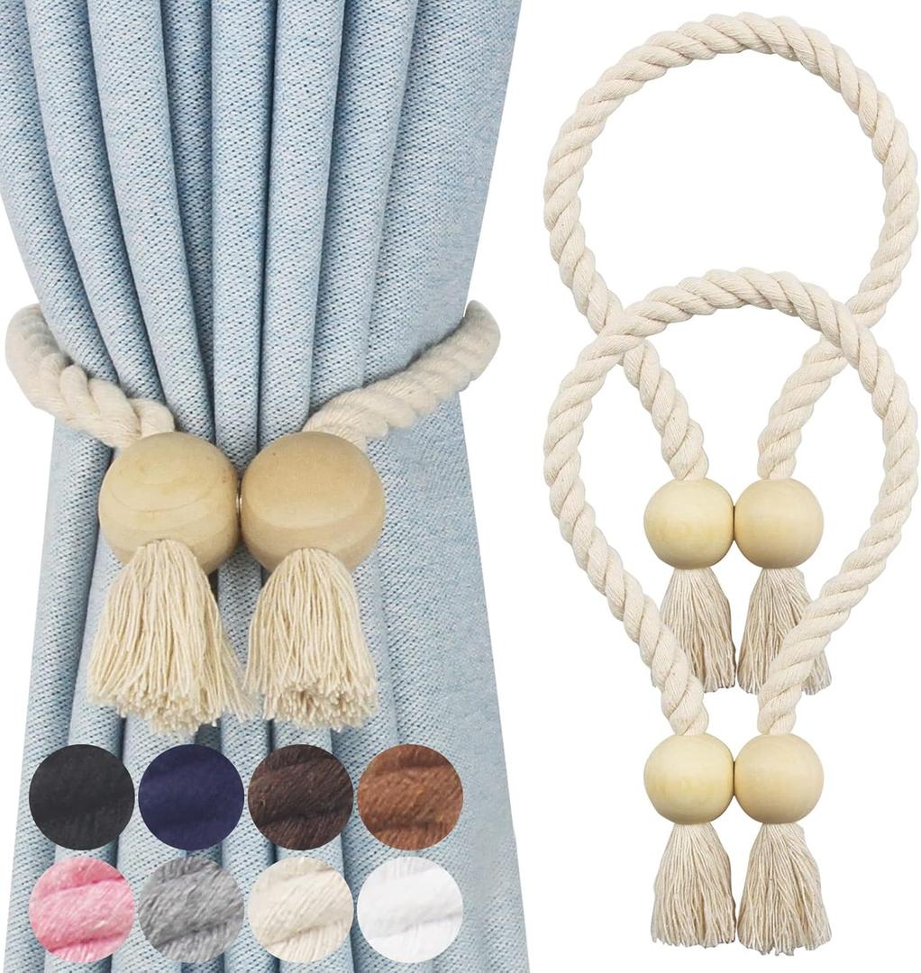 2 Pack Magnetic Curtain Tiebacks Cotton Hand Woven Tie Back Decorative Rope Holdbacks for Curtains Draperies No Tools Required, Beige