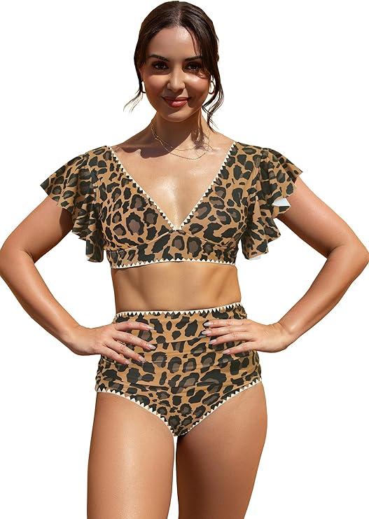 SPORLIKE Women Ruffle High Waist Swimsuit Two Pieces Push Up Tropical Print Bikini, M, Leopard