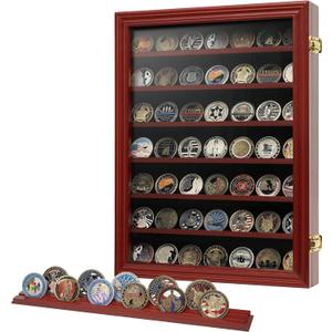 7 Rows Challenge Coin Holder Display Case with HD Tempered Glass Holds 100 coins, Wall-Mountable Military Shadow Box Cabinet with Removable 2-Groove Shelves for Medals and Casino Poker Chips, Mahogany
