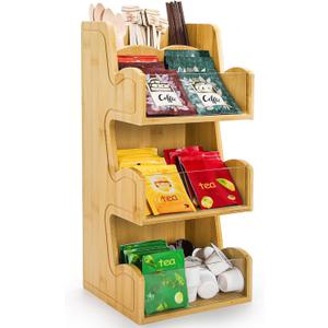 3 Tier Bamboo Coffee Condiment Station, 6 Compartments Coffee Tea Holder with Removable Acrylic Front Wall, Tabletop Organizer Sugar Pod Utensil for Countertop, Office, Home, Kitchen
