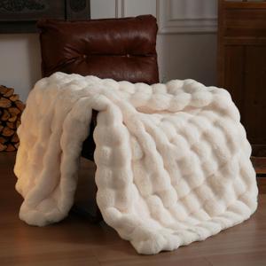 Faux Fur Throw Blanket for Couch - Thickened Fluffy Soft Bubble Blanket for Living Room Home Decor - Mothers Day Birthday Gifts for Women Men, Cream White, 50" x 60", 1300GSM